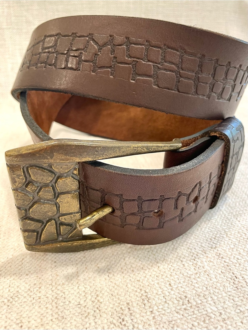 Vintage SHAG Men’s Brown Shrunken Leather Belt Sz 36 Alligator Embossed Western
